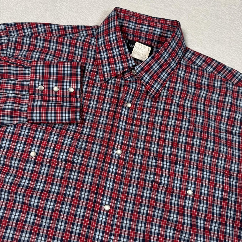 Wrangler Shirt Mens Large Red Blue Plaid Western Pearl Snap Long Sleeve Cowboy